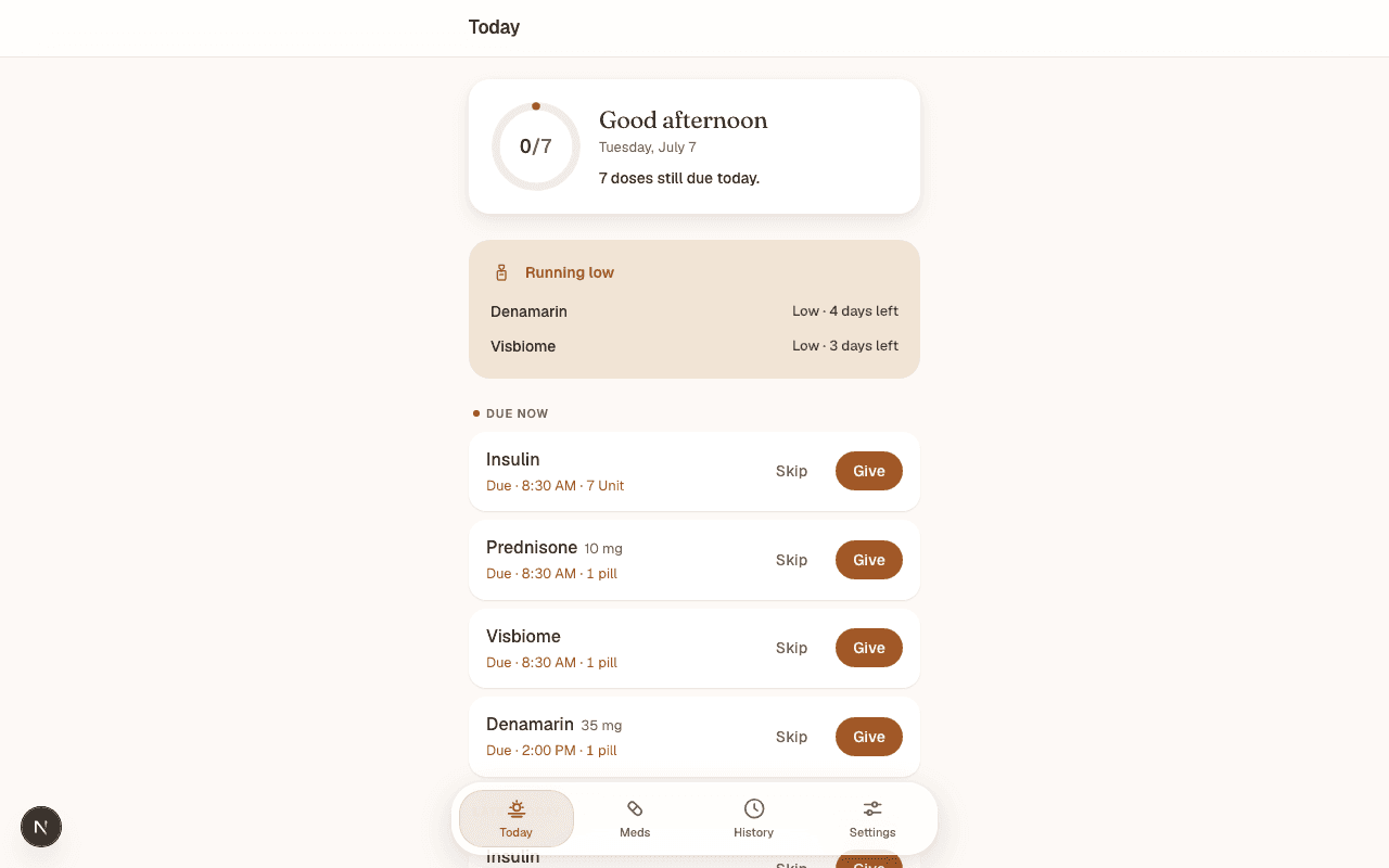 The pawscriptions Today screen: a 0 of 7 progress ring under 'Good afternoon', a 'Running low' banner listing two medications with days-of-supply remaining, and a due-now list of doses each with Skip and Give actions.