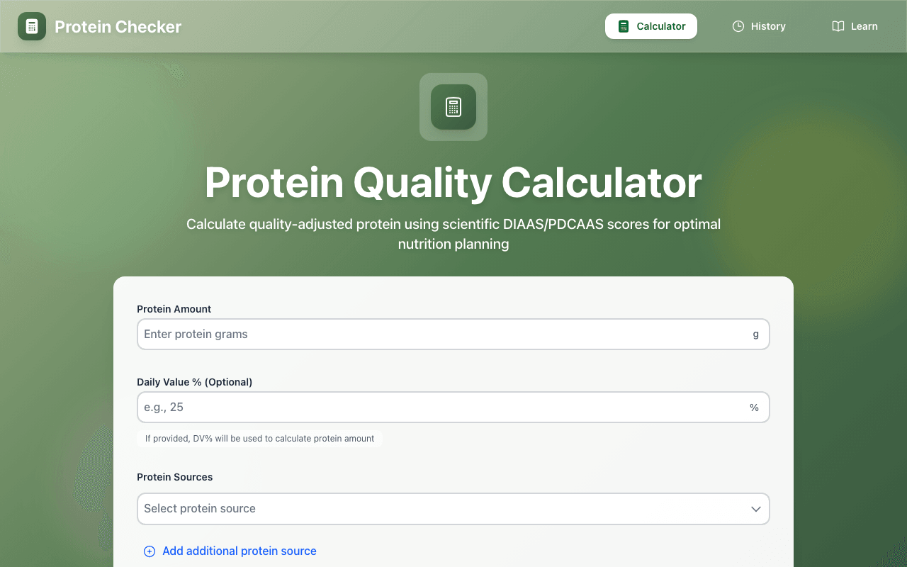 The ProteinChecker web calculator: a protein amount field in grams, an optional Daily Value percent field, and a protein source picker, under the heading 'Protein Quality Calculator'.